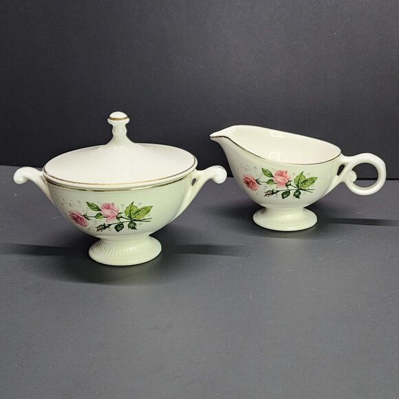 Vintage Garden Rose China Sugar Bowl and Creamer Gold Trimmed SET - Picture 1 of 11